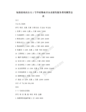 绿茵豪苑高尔夫1号华府物业开办及销售服务费用测算总表