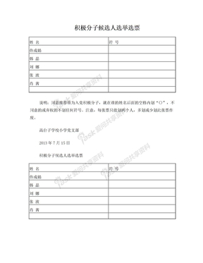 积极分子候选人选举选票