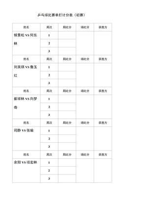 乒乓球比赛单打计分表