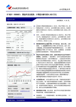 天相投顾-ST磁卡-600800-营业外支出较多，3季度大幅亏损6,823万元-091030