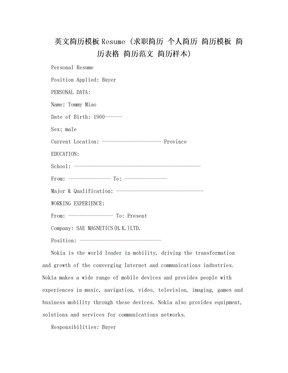 英文简历模板Resume (求职简历 个人简历 简历模板 简历表格 简历范文 简历样本)