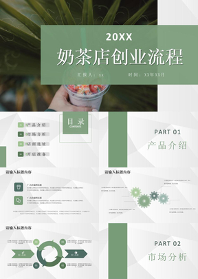 绿色植物奶茶店创业流程PPT模板