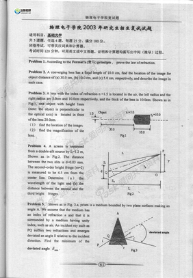 2003年电子科技大学基础光学（物理电子学院）考研复试试题