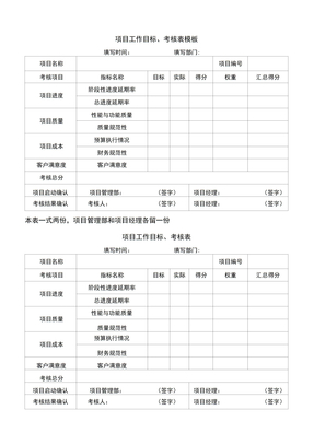 项目工作目标、考核表模板