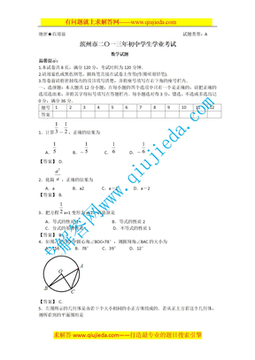 2013年滨州中考数学试卷及其答案解析