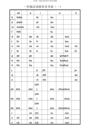 打印版一年级汉语拼音音节表格完全版