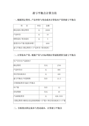 盈亏平衡点计算方法