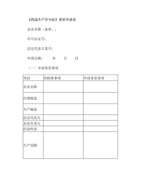 药品生产许可证变更申请表