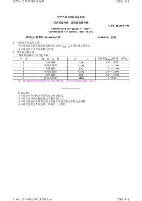 煤炭质量分级 煤炭发热量分级(GBT15224