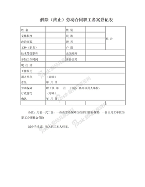 解除(终止)劳动合同职工备案登记表