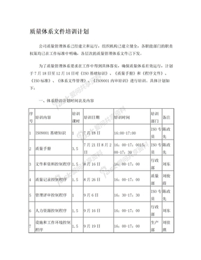 质量体系文件培训计划