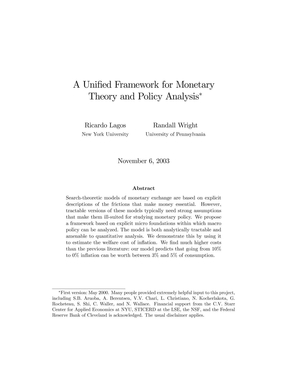 A Unifi…ed Framework for Monetary Theory and  Policy Analysis