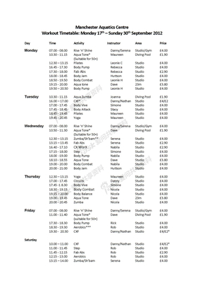 Workout timetable MAC wc 17th Sept