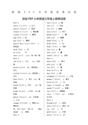 新版PEP小学英语单词表