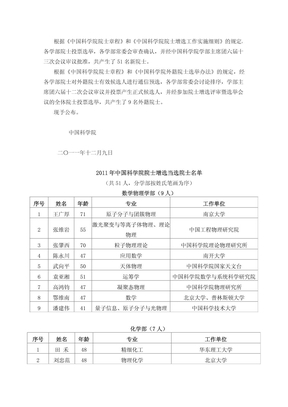 中国科学院2011年当选院士名单