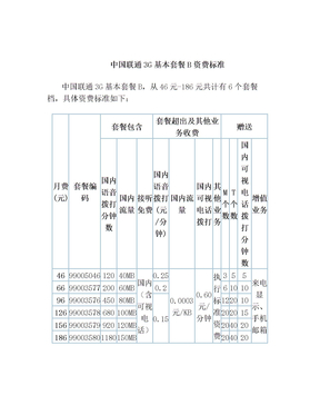 中国联通3G基本套餐B资费标准