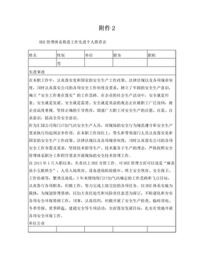 hse管理体系推进工作先进个人推荐表