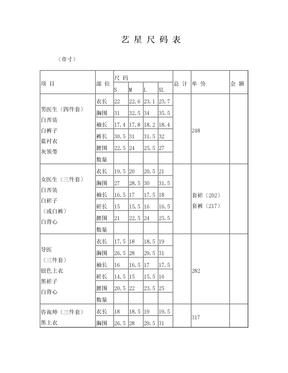 艺星员工服装尺码表