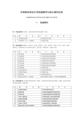 中南财经政法大学权威期刊与核心期刊目录