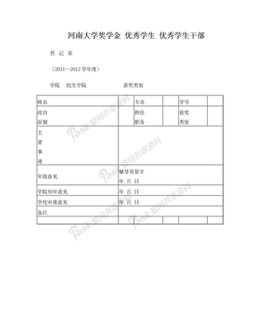 河南大学优秀学生奖学金、优秀学生、优秀学生干部登记表