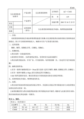 五金原材料检验标准书