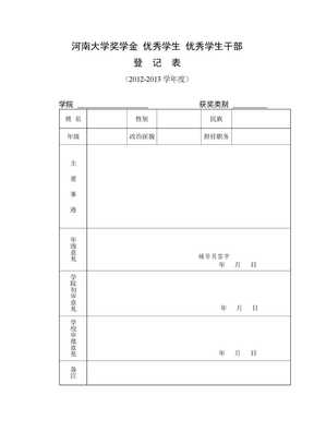 河南大学奖学金 优秀学生 优秀学生干部登记表