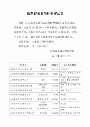 山东省著名商标初审公告