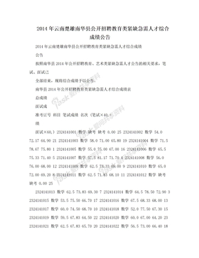 2014年云南楚雄南华县公开招聘教育类紧缺急需人才综合成绩公告