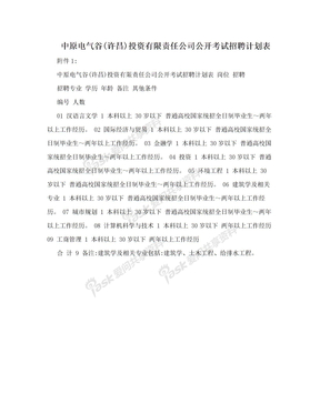 中原电气谷(许昌)投资有限责任公司公开考试招聘计划表