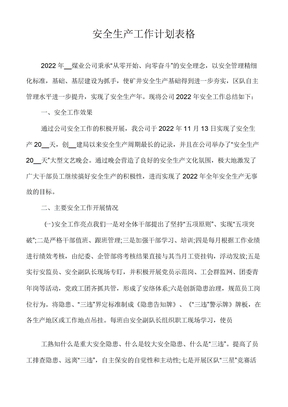 安全生产工作计划表格