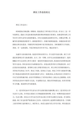 班长工作总结范文