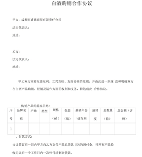 白酒购销合作协议(模板)