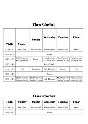 英文课程表-美国加州小学课程表模板Class-Curriculum-Schedule