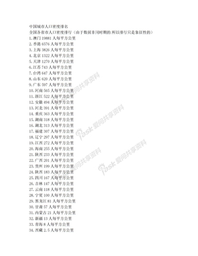 中国城市人口密度排名