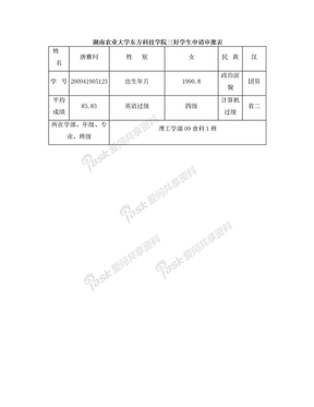 湖南农业大学东方科技学院三好学生申请审批表