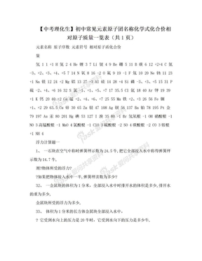 【中考理化生】初中常见元素原子团名称化学式化合价相对原子质量一览表（共1页）