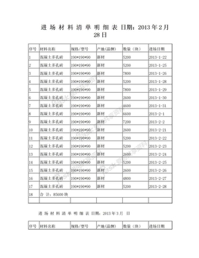 砖块进场清单明细