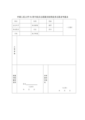 中国人民大学75周年校庆志愿服务校级优秀志愿者申报表