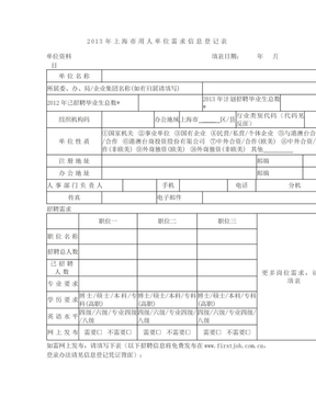 2013年上海市用人单位需求信息登记表