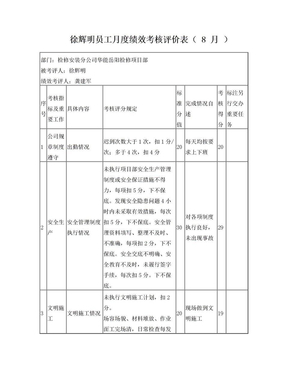 岳阳八月员工月度绩效考核评价表