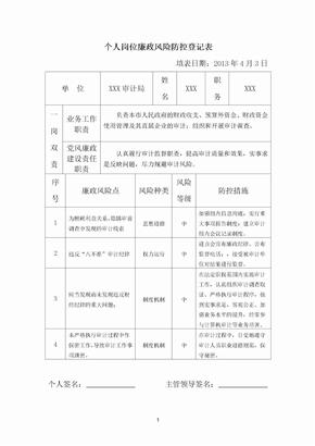 审计个人岗位廉政风险防控登记表