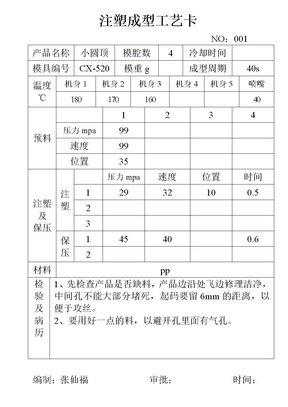 注塑成型工艺卡