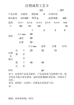 注塑成型工艺卡