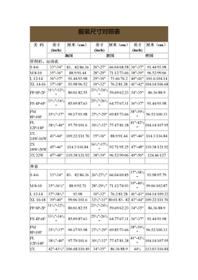 服装尺寸对照表