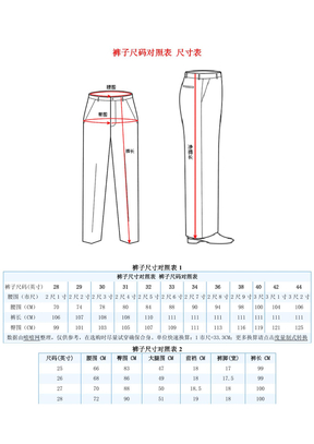 裤子尺码对照表_尺寸表_尺码对照表