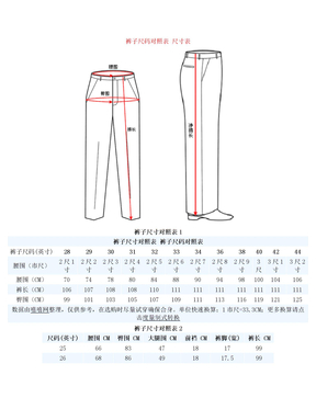 裤子尺码对照表_尺寸表_尺码对照表