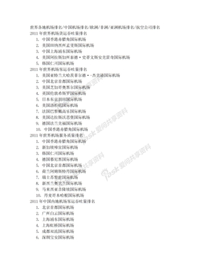 世界各地机场排名 中国机场排名 欧洲 非洲 亚洲机场排名 航空公司排名