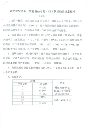 药品批发企业（生物制品专营）GSP认证检查评定标准