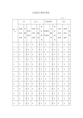 产品别生产成本计算表表格模板格式