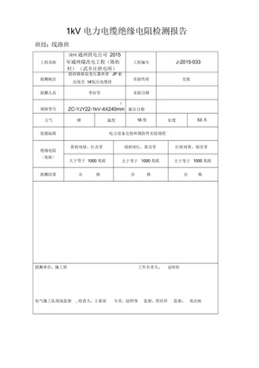 kV电力电缆绝缘电阻检测报告